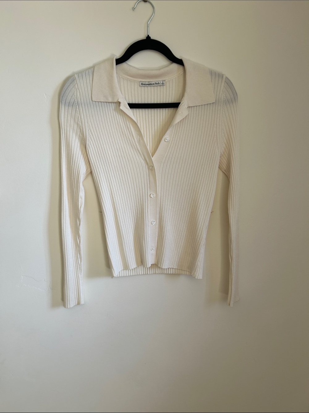 Abercrombie & Fitch Cream Ribbed Button-Front Collared Top